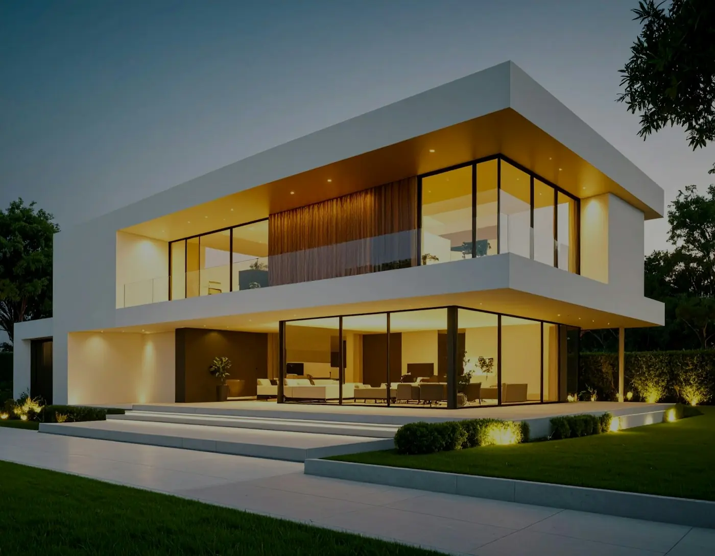 Casa moderna iluminada ao entardecer